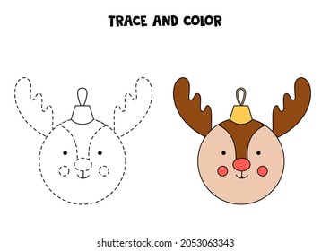 Trace and color cute Christmas reindeer ball. Educational game for kids. Writing and coloring practice.