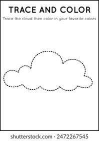 Trace and Color Cute Cloud in Worksheet For Kids