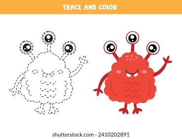 Trace and color cute colorful monster. Worksheet for kids.