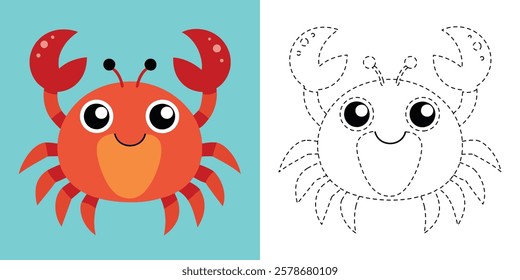 Trace and Color Cute Crab Cartoon. Hand Drawing Exercises For Preschool. Kawaii Crab Cartoon Character Vector Illustration