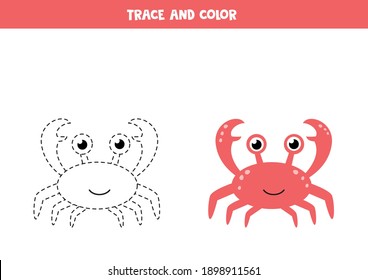 Trace and color cute crab. Educational game for kids. Writing and coloring practice.