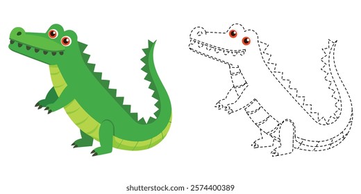 Trace and Color Cute Crocodile. Hand Drawing Practice For Kids. Worksheet For Preschool. Happy Crocodile Cartoon Vector Design