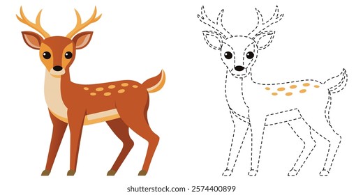 Trace and Color Cute Deer. Hand Drawing Exercises For Kids. Worksheet For Preschool. Cute Deer Cartoon Vector Design