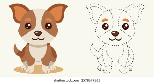 Trace and Color Cute Dog Cartoon. Hand Drawing Exercises For Preschool. Kawaii Dog Cartoon Character Vector Illustration