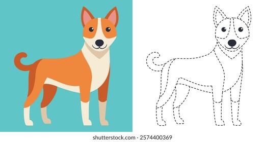 Trace and Color Cute Dog. Hand Drawing Practice For Kids. Worksheet For Preschool. Happy Dog Cartoon Vector Design