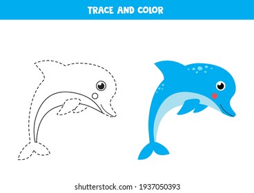 Trace and color cute dolphin. Educational game for kids. Writing and coloring practice.