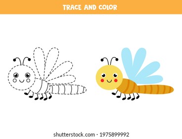 Trace and color cute dragonfly. Educational game for kids. Writing and coloring practice.