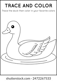 Trace and Color Cute Duck in Worksheet For Kids