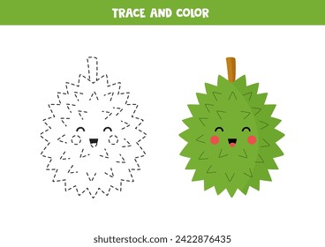 Rastreo y color de linda fruta duriana. Hoja de cálculo imprimible para niños.