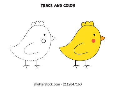 Trace and color cute Easter chicken. Educational game for kids. 