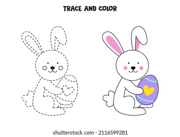 Trace and color cute Easter rabbit holding an egg. Educational game for kids. 