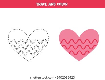  Trace and color cute flat pink heart. Worksheet for kids.