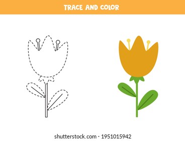 Trace and color cute flower. Educational game for kids. Writing and coloring practice.