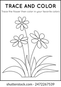 Trace and Color Cute Flower in Worksheet For Kids