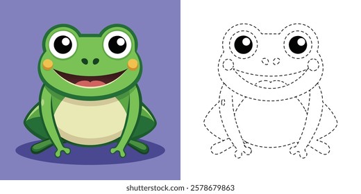 Trace and Color Cute Frog Cartoon. Hand Drawing Exercises For Kids. Line Animal Coloring. Green Frog Cartoon Character Vector Illustration
