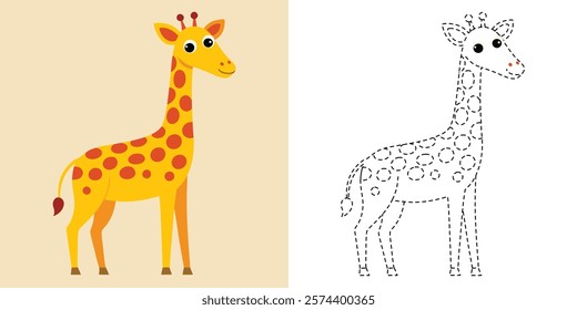 Trace and Color Cute Giraffe. Hand Drawing Exercises For Kids. Worksheet For Preschool. Happy Giraffe Cartoon Vector Design