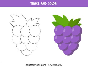 Trace and color cute grape. Educational coloring game for kids. Handwriting practice for preschoolers. Activity page for children. 