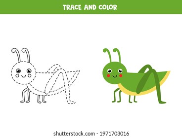 Trace and color cute grasshopper. Educational game for kids. Writing and coloring practice.