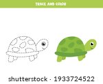 Trace and color cute green turtle. Educational game for kids. Writing and coloring practice.