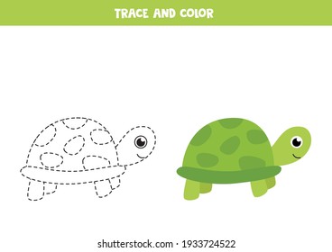 Trace and color cute green turtle. Educational game for kids. Writing and coloring practice.