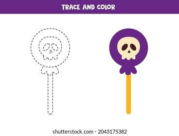 Trace and color cute Halloween lollipop. Educational game for kids. Writing and coloring practice.