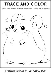 Trace and Color Cute Hamster in Worksheet For Kids