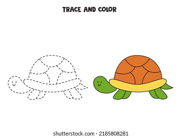 Trace and color cute hand drawn turtle. Worksheet for kids.