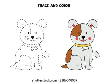 Trace And Color Cute Hand Drawn Dog. Worksheet For Kids.