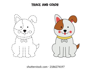 Trace And Color Cute Happy Dog. Worksheet For Kids.