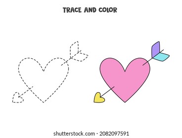 Trace and color cute heart with arrows. Educational game for kids. Writing and coloring practice.