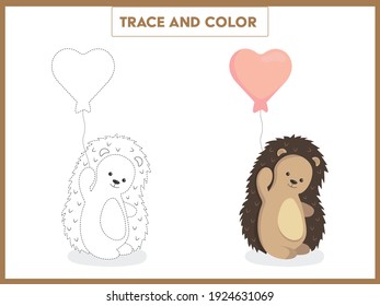 Trace and color the cute hedgehog with a balloon. Learning to draw and paint. Handwriting practice worksheet for preschoolers. Vector illustration.