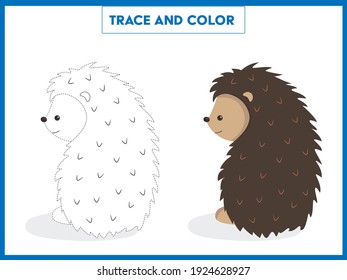 Trace and color the cute hedgehog. Learning to draw and paint. Handwriting practice worksheet for preschoolers. Vector illustration.