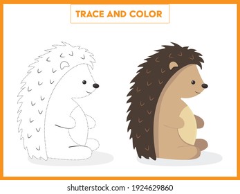 Trace and color the cute hedgehog. Learning to draw and paint. Handwriting practice worksheet for preschoolers. Vector illustration.