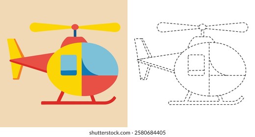 Trace and Color Cute Helicopter. Hand Drawn Practice For Preschool. Helicopter Cartoon Line Vector Design
