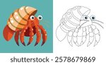 Trace and Color Cute Hermit Crab Cartoon. Hand Drawn Practice For Preschool. Animal Coloring. Cute Hermit Crab Cartoon Character Vector Illustration
