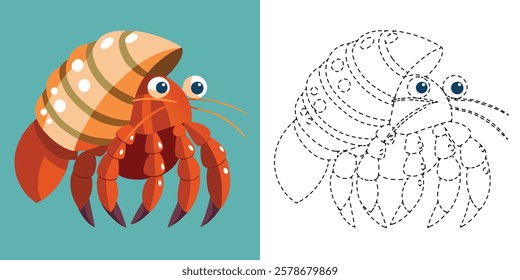 Trace and Color Cute Hermit Crab Cartoon. Hand Drawn Practice For Preschool. Animal Coloring. Cute Hermit Crab Cartoon Character Vector Illustration
