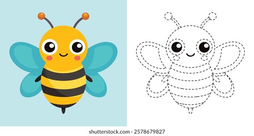 Trace and Color Cute Honeybee Cartoon. Hand Drawing Practice For Preschool. Dashed Insect Animal Coloring. Cute Honeybee Cartoon Character Vector Illustration
