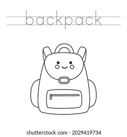 Trace and color cute kawaii backpack. Educational game for kids. Writing and coloring practice.