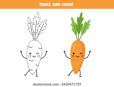 Trace and color cute kawaii carrot. Worksheet for preschool kids.