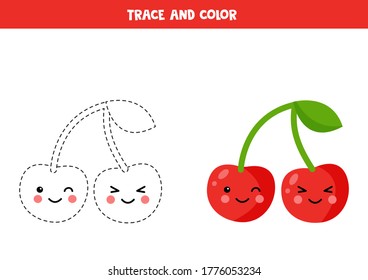 Trace and color cute kawaii cherries. Educational printable game for kids. Coloring page for preschoolers. Handwriting practice for children.