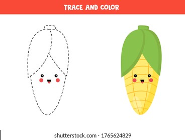 Trace and color cute kawaii corn cob. Handwriting practice for kids. Tracing lines for children. Learning to write and to draw. 