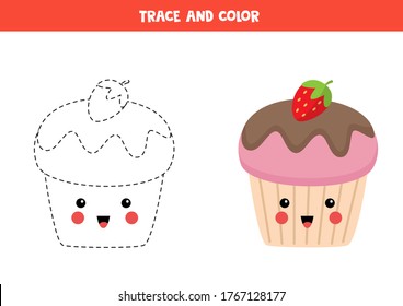 Trace and color cute kawaii cupcake. Educational game for preschoolers. Coloring page for kids. Handwriting practice for children. Learning to write and to draw.