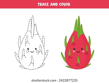 
Trace und Farbe süße kawaii Drachenfrucht oder Pitaya. Arbeitsblatt für Vorschulkinder.