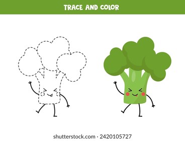 Rastreo y color lindo kawaii brócoli verde. Hoja de trabajo para niños preescolares.
