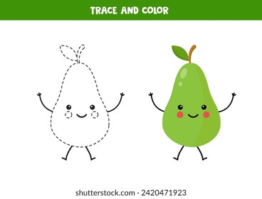 Trace and color cute kawaii green pear. Worksheet for preschool kids.