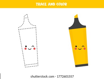Trace and color cute kawaii highlighter. Educational coloring game for kids. Handwriting practice for preschoolers. Activity page for children. 