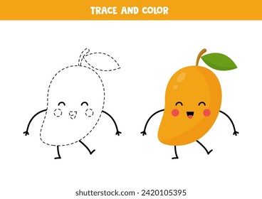 
Trace und Farbe süße kawaii Mango. Arbeitsblatt für Vorschulkinder.
