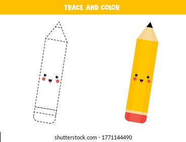 Trace and color cute kawaii pencil. Handwriting practice worksheet for children. Tracing and coloring page for preschoolers. Learning to draw and to color.