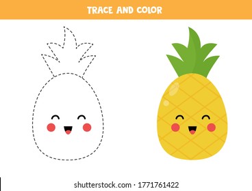 Trace and color cute kawaii pineapple. Coloring page for kids. Handwriting practice for preschoolers. Learning to write and to draw.