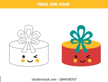 Rastreo y color lindo kawaii presente box. Hoja de trabajo educativa para la práctica de escritura a mano.